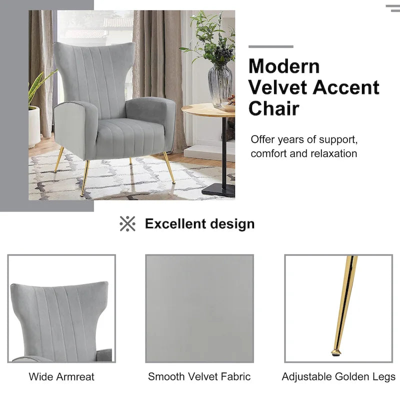 Lot de 2 fauteuils d'appoint en velours avec pieds en métal pour salon