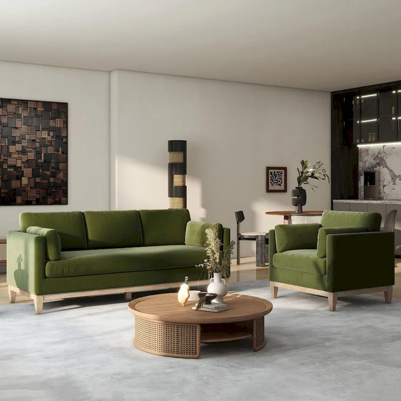 Canapé Knox 84 de style ferme moderne en velours avec accoudoirs droits