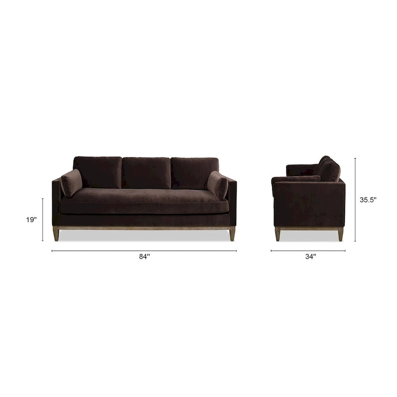 Canapé Knox 84 de style ferme moderne en velours avec accoudoirs droits
