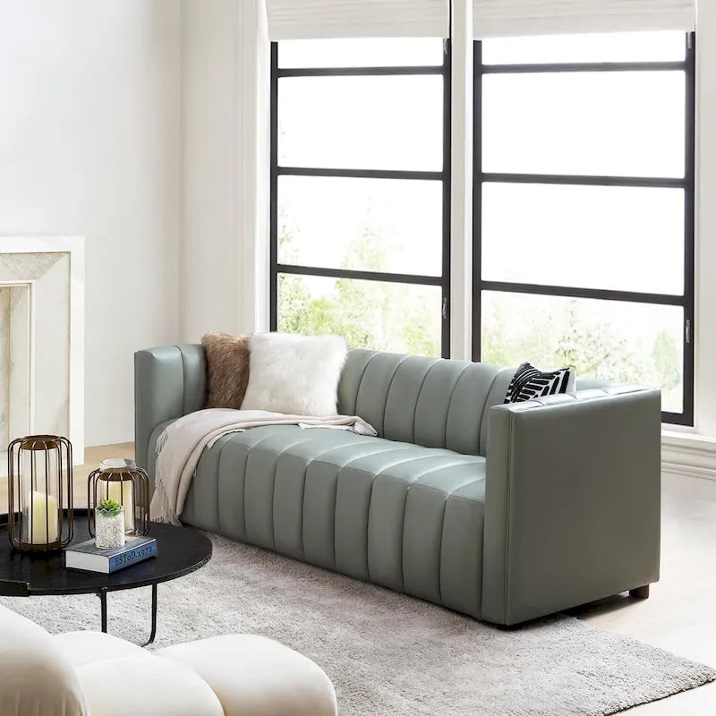 Canapé incurvé en cuir véritable Olinto Modern Camel de 83 pouces avec dossier capitonné par HULALA HOME
