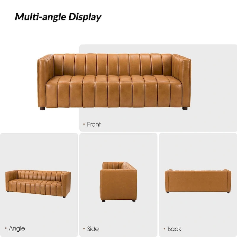 Canapé incurvé en cuir véritable Olinto Modern Camel de 83 pouces avec dossier capitonné par HULALA HOME