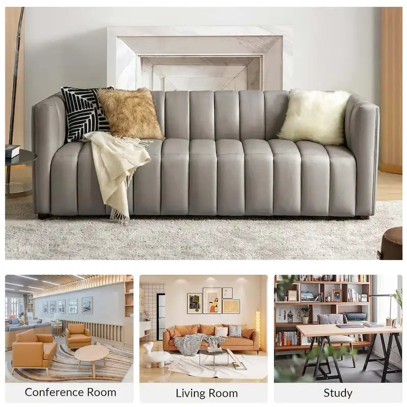 Canapé incurvé en cuir véritable Olinto Modern Camel de 83 pouces avec dossier capitonné par HULALA HOME