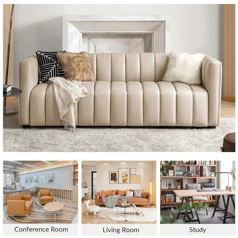 Canapé incurvé en cuir véritable Olinto Modern Camel de 83 pouces avec dossier capitonné par HULALA HOME