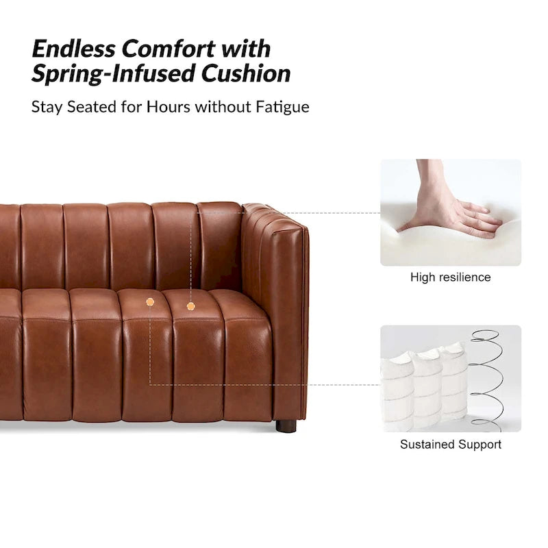Canapé incurvé en cuir véritable Olinto Modern Camel de 83 pouces avec dossier capitonné par HULALA HOME