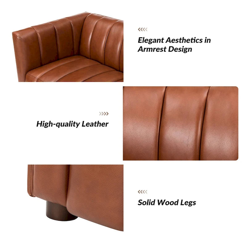 Canapé incurvé en cuir véritable Olinto Modern Camel de 83 pouces avec dossier capitonné par HULALA HOME