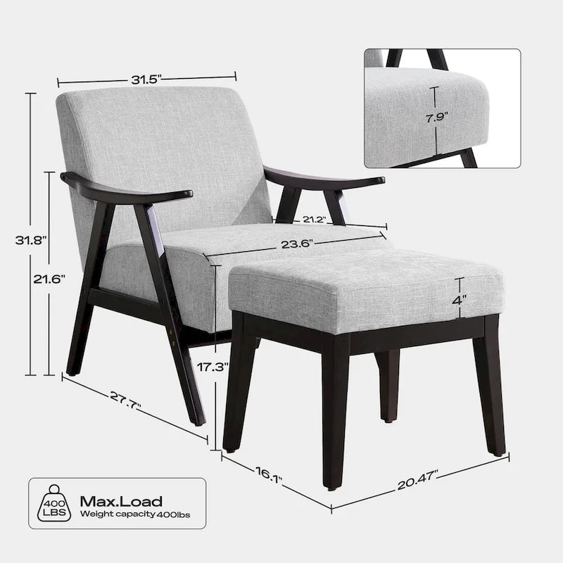 Fauteuil et ottoman HUIMO Mid-century, ensemble de fauteuils rembourrés pour le salon ou la chambre à coucher