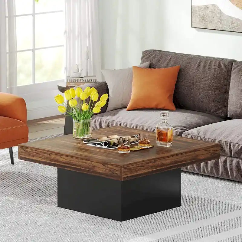 Table basse carrée LED de style fermette en bois composite pour salon