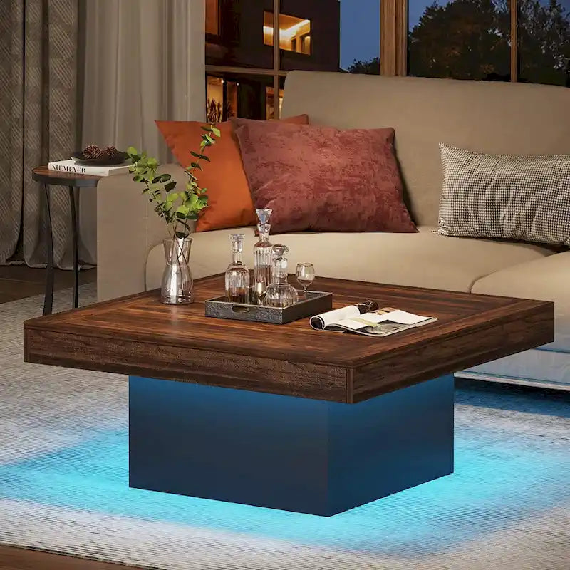 Table basse carrée LED de style fermette en bois composite pour salon