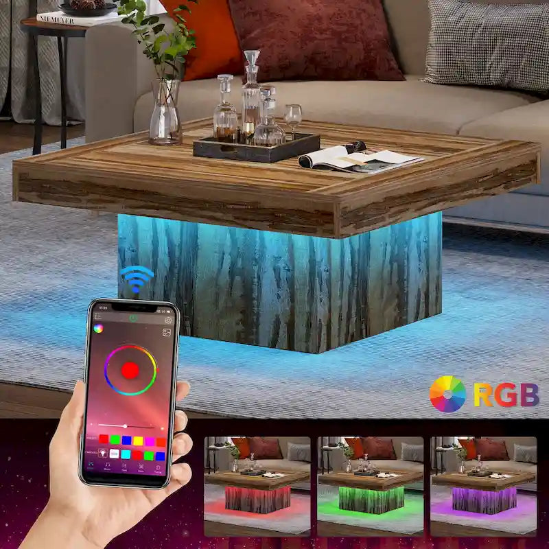 Table basse carrée LED de style fermette en bois composite pour salon