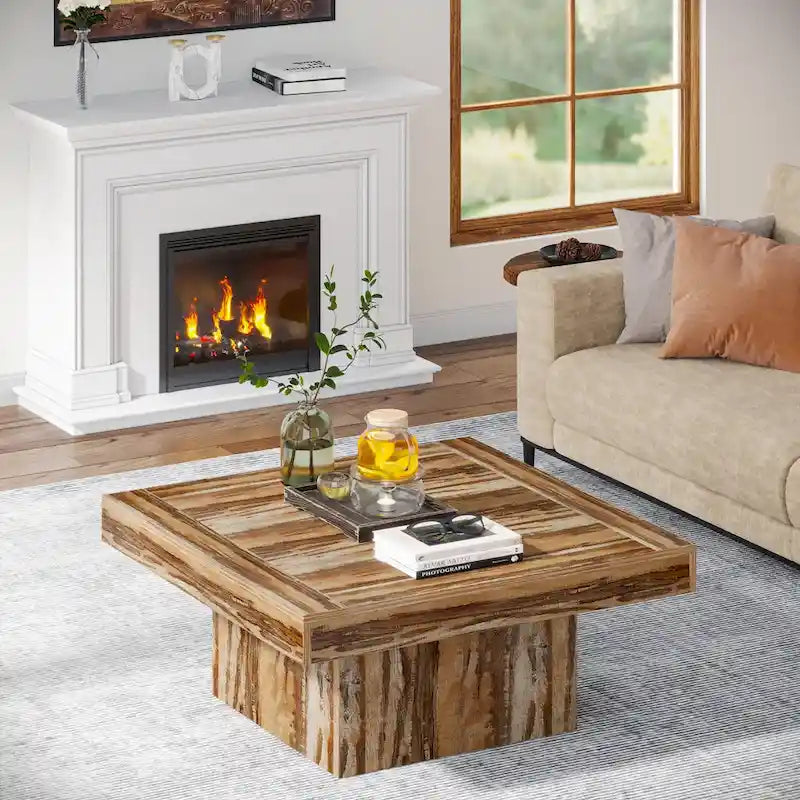 Table basse carrée LED de style fermette en bois composite pour salon