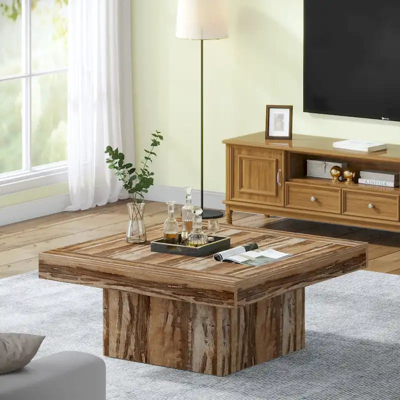 Table basse carrée LED de style fermette en bois composite pour salon