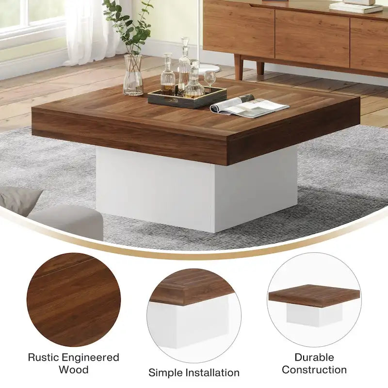 Table basse carrée LED de style fermette en bois composite pour salon