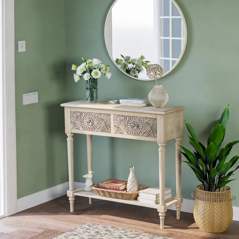 COSIEST Table console vintage en bois massif à 2 tiroirs - 80L x 30l x 76H cm