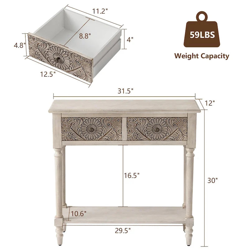 COSIEST Table console vintage en bois massif à 2 tiroirs - 80L x 30l x 76H cm
