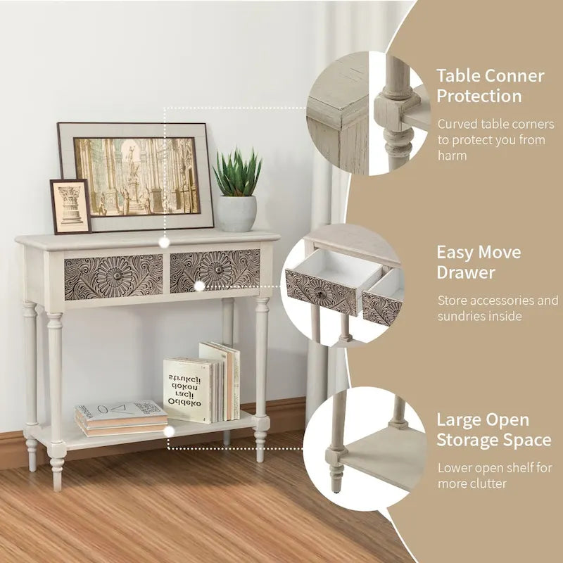 COSIEST Table console vintage en bois massif à 2 tiroirs - 80L x 30l x 76H cm