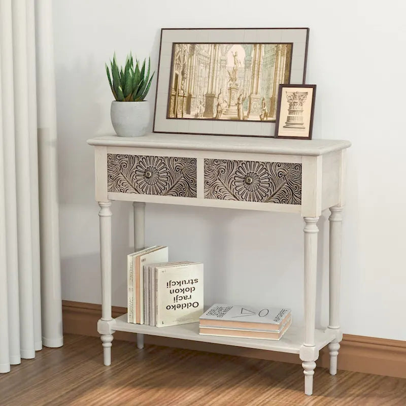 COSIEST Table console vintage en bois massif à 2 tiroirs - 80L x 30l x 76H cm