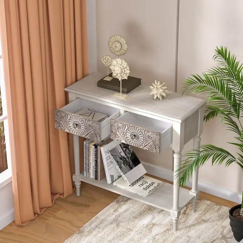 COSIEST Table console vintage en bois massif à 2 tiroirs - 80L x 30l x 76H cm