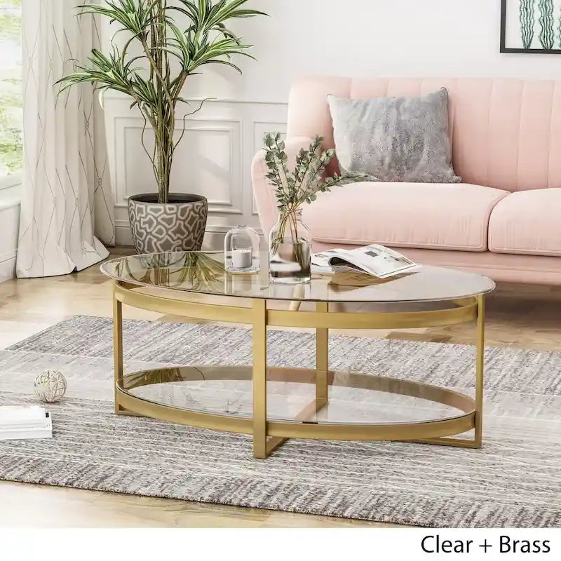 Table basse ovale Plumeria Modern Glam en verre trempé avec cadre en fer par Christopher Knight Home