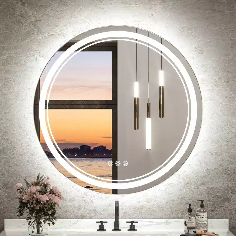 Keonjinn LED Round Bathroom Vanity Wall Mirror, 3 Color Temperatures Dimmable