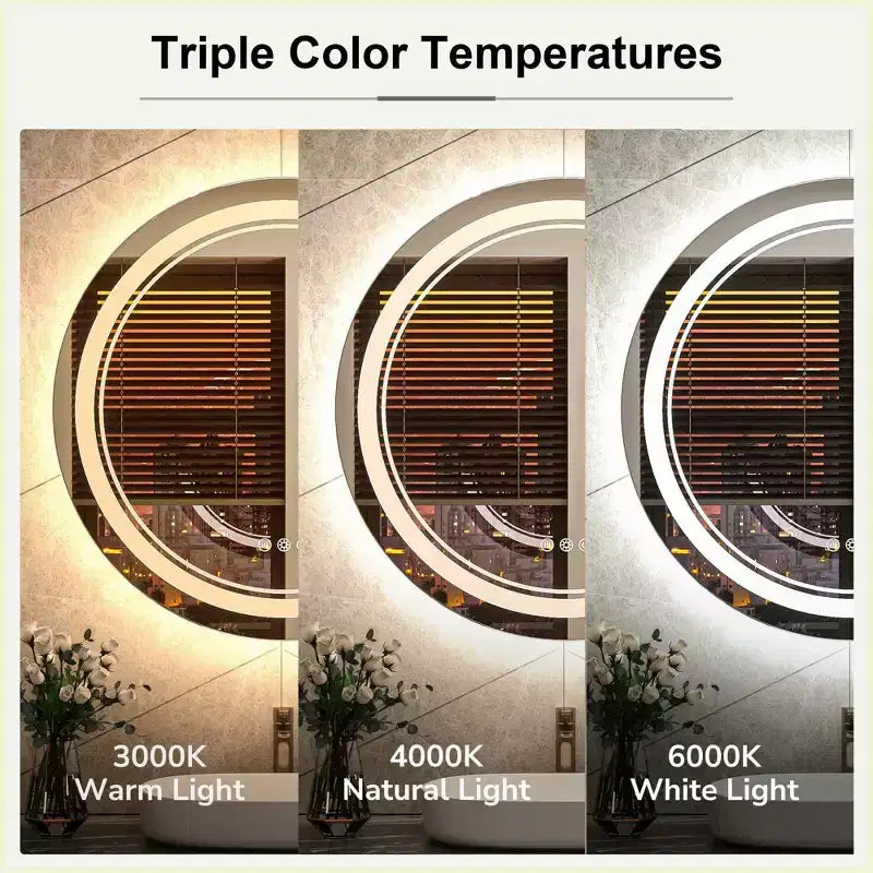 Keonjinn LED Miroir de salle de bain mural rond, 3 températures de couleur, intensité variable