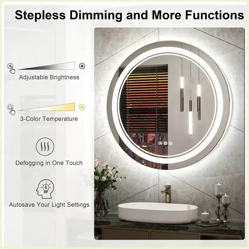 Keonjinn LED Miroir de salle de bain mural rond, 3 températures de couleur, intensité variable