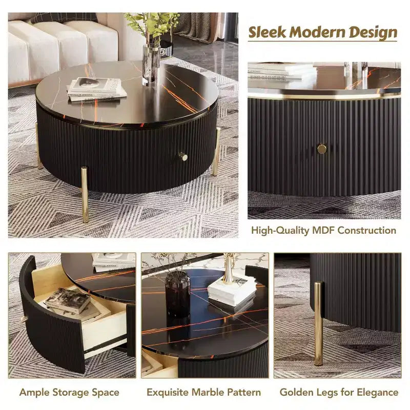 Table basse ronde moderne de 31,5 pouces, table d'appoint avec plateau en marbre, table de canapé centrale pour salon, appartement, bureau, balcon
