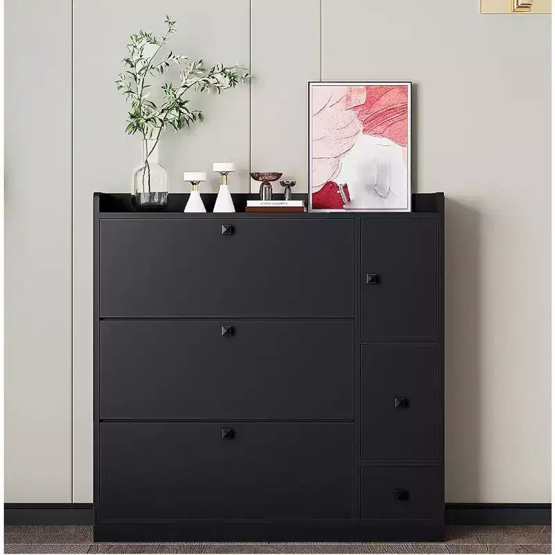 Meuble à chaussures avec 3 tiroirs basculants, Organisateur de chaussures autoportant avec siège rabattable, Meuble de rangement à chaussures dissimulé pour entrée et salon