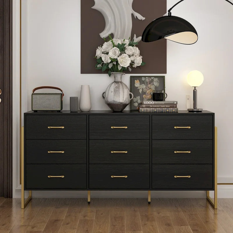 Commode moderne noire de 61,4W avec 9 tiroirs spacieux - Poignées dorées