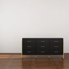 Commode moderne noire de 61,4W avec 9 tiroirs spacieux - Poignées dorées