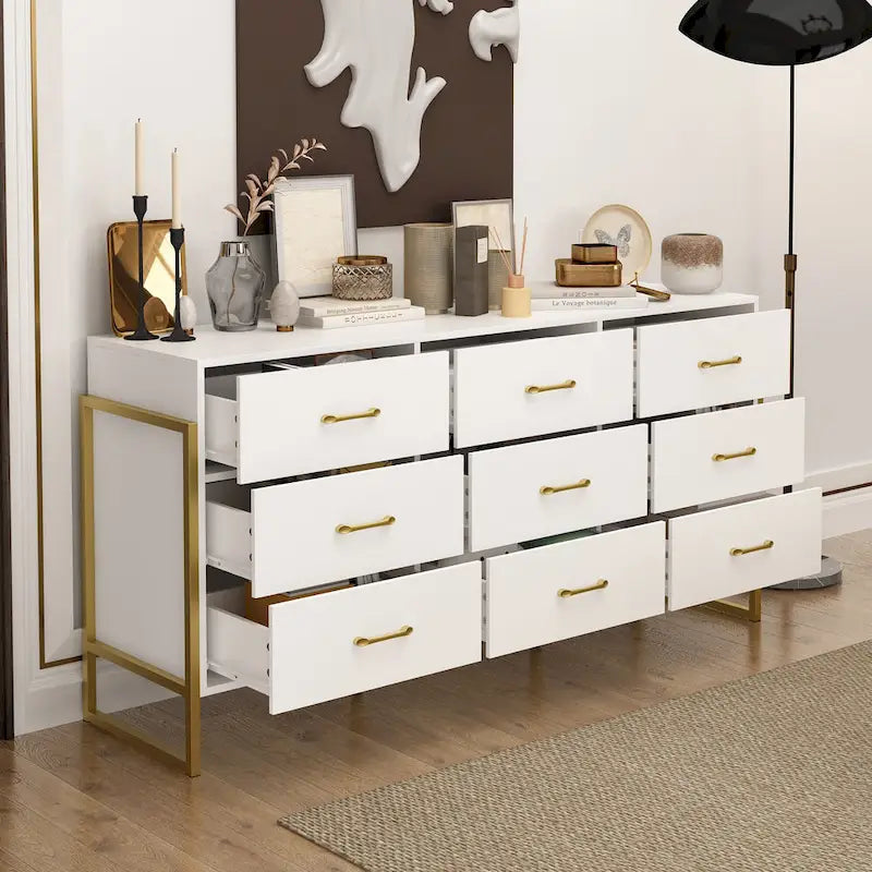 Commode moderne noire de 61,4W avec 9 tiroirs spacieux - Poignées dorées
