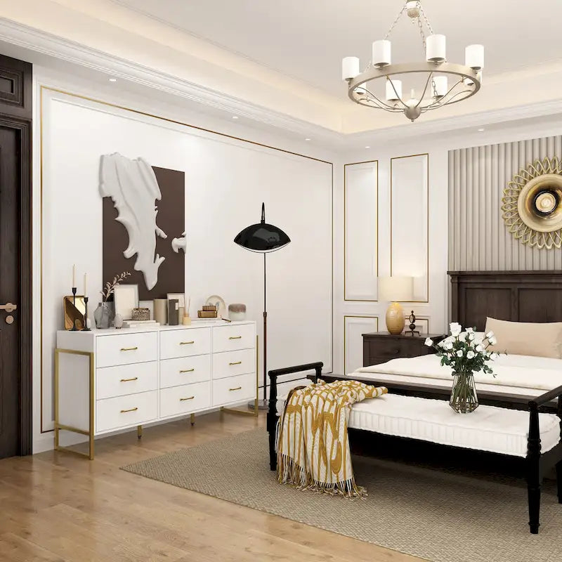 Commode moderne noire de 61,4W avec 9 tiroirs spacieux - Poignées dorées