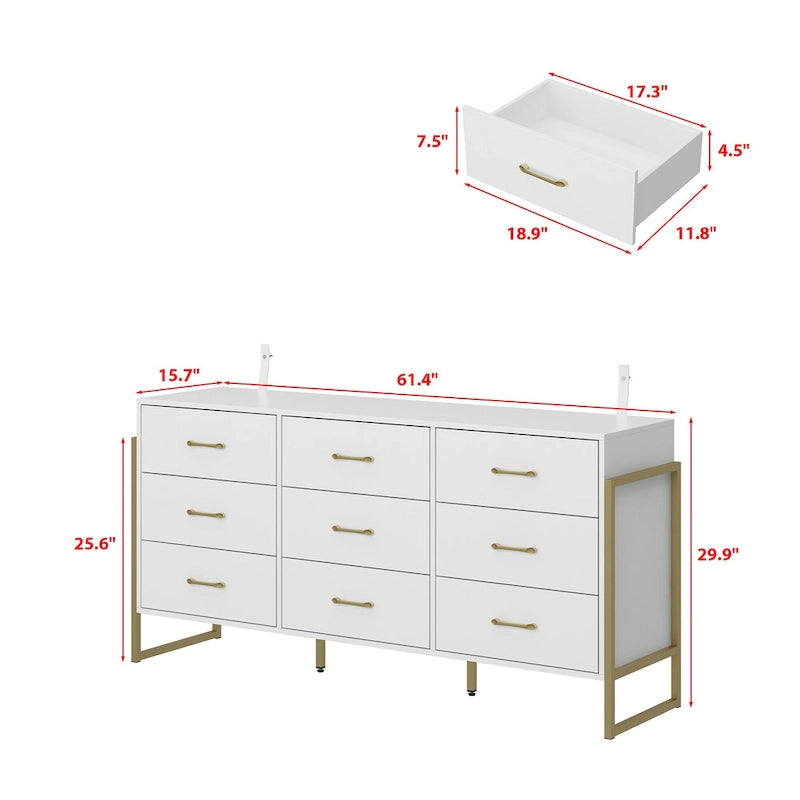 Commode moderne noire de 61,4W avec 9 tiroirs spacieux - Poignées dorées