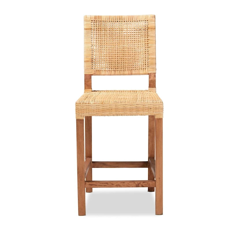 Tabouret de comptoir Lesia en rotin marron naturel et bois, style bohème moderne