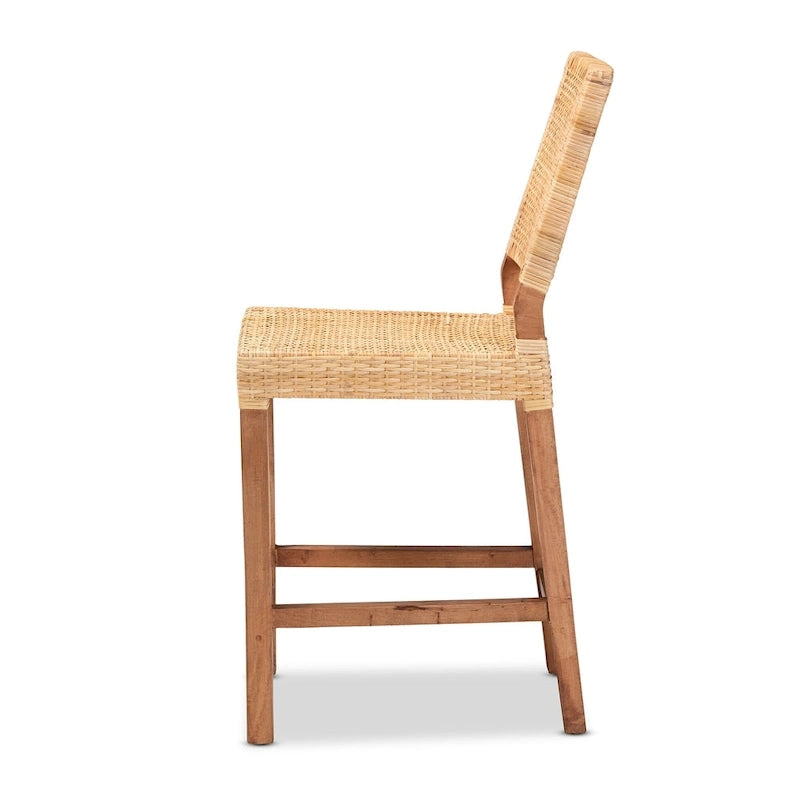 Tabouret de comptoir Lesia en rotin marron naturel et bois, style bohème moderne