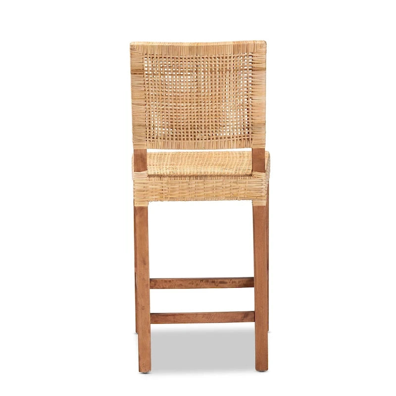 Tabouret de comptoir Lesia en rotin marron naturel et bois, style bohème moderne