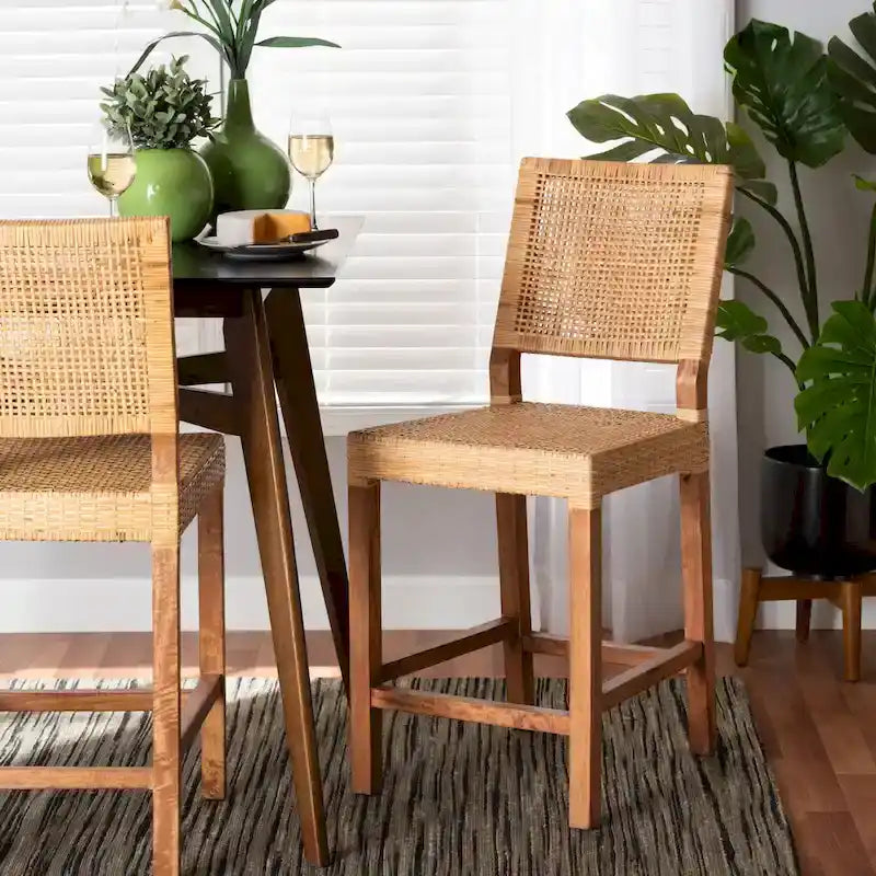 Tabouret de comptoir Lesia en rotin marron naturel et bois, style bohème moderne