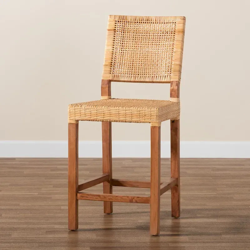 Tabouret de comptoir Lesia en rotin marron naturel et bois, style bohème moderne