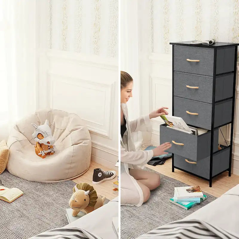 Commode 5 tiroirs pour chambre à coucher - Meuble de rangement vertical - Commode en tissu
