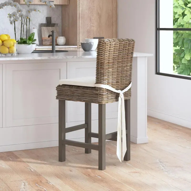 Grey Wash Rattan Cushioned Stool by East at Main