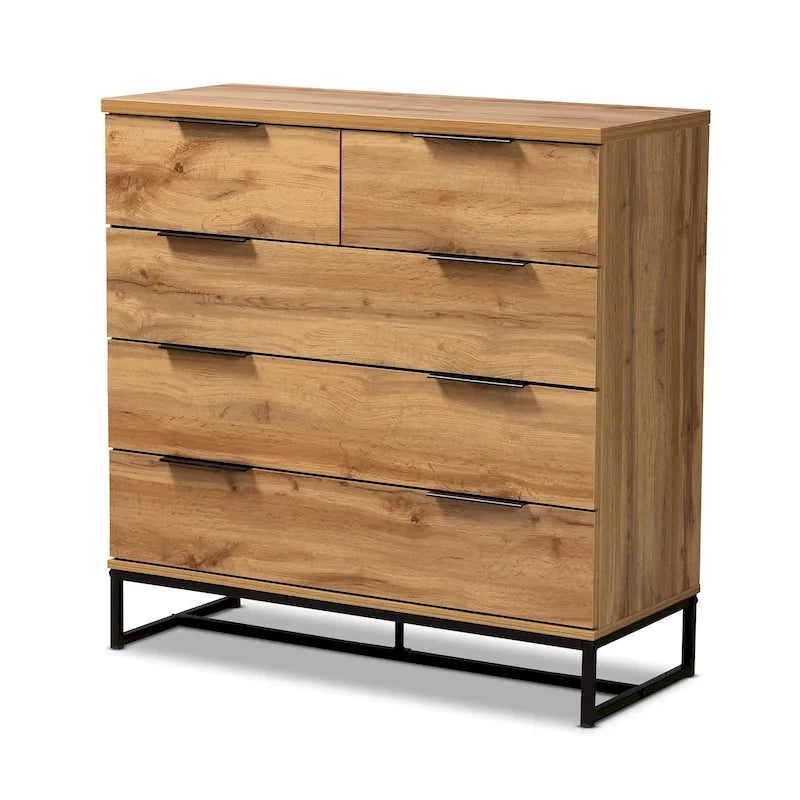 Commode à 5 tiroirs Franklin en bois de chêne et métal noir