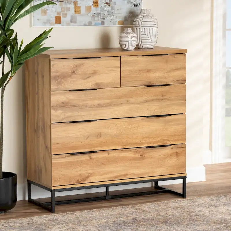 Commode à 5 tiroirs Franklin en bois de chêne et métal noir