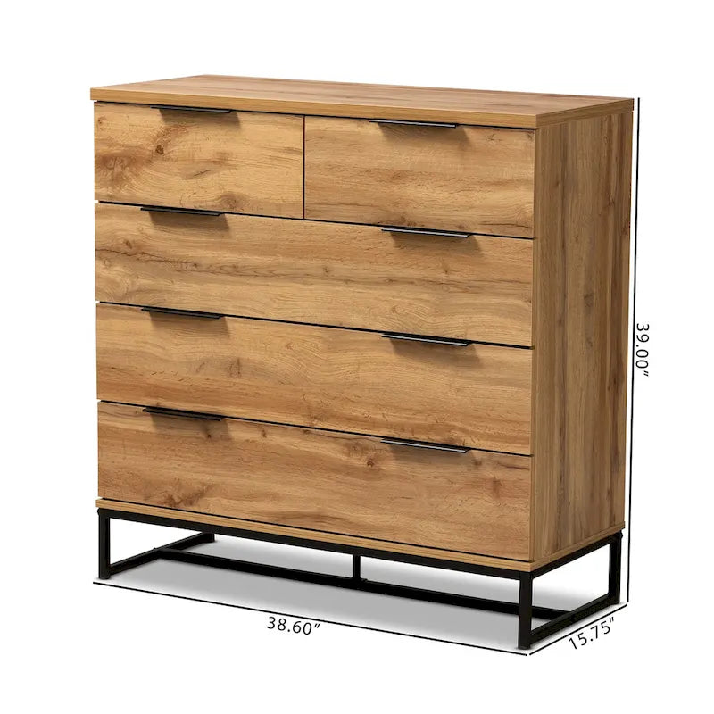 Commode à 5 tiroirs Franklin en bois de chêne et métal noir