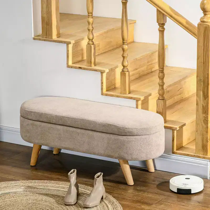 Banc de rangement capitonné HOMCOM, banc de bout de lit de 110 cm avec pieds en bois, banc d'entrée moderne ovale, beige