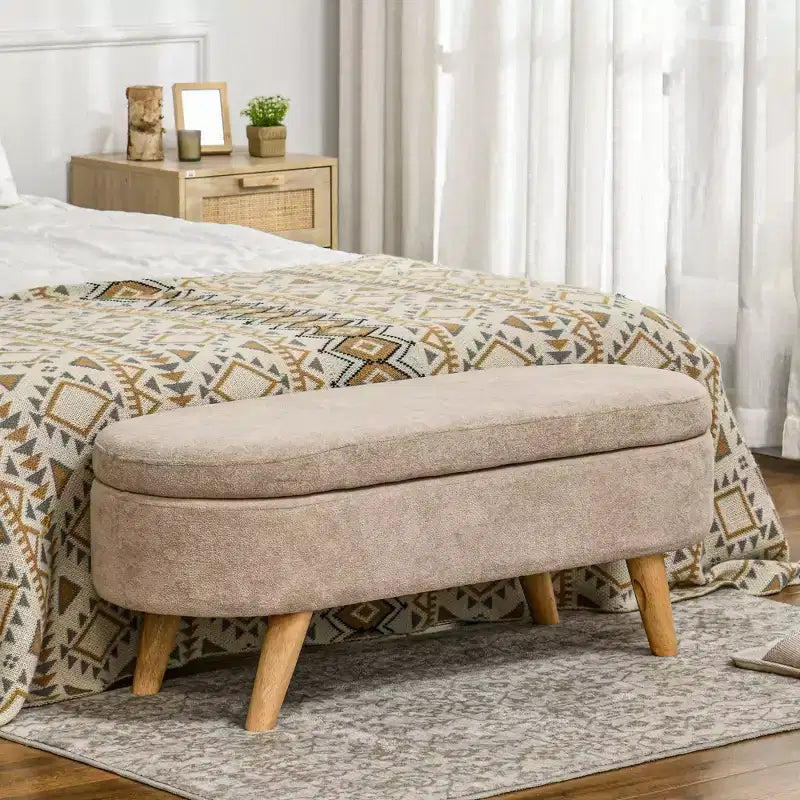 Banc de rangement capitonné HOMCOM, banc de bout de lit de 110 cm avec pieds en bois, banc d'entrée moderne ovale, beige