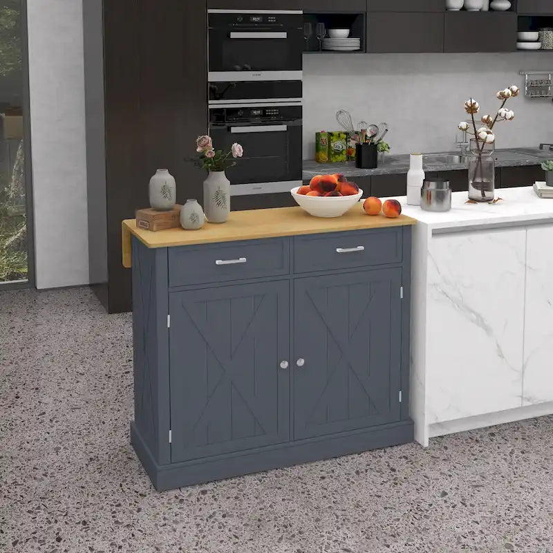 Meuble Îlot de Cuisine Roulant HOMCOM avec Bar de Petit-Déjeuner à Rabat, Chariot de Cuisine Ferme avec 2 Tiroirs, Gris Foncé