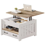 Table basse carrée à plateau relevable Moasis Farmhouse avec étagère de rangement et 2 tiroirs