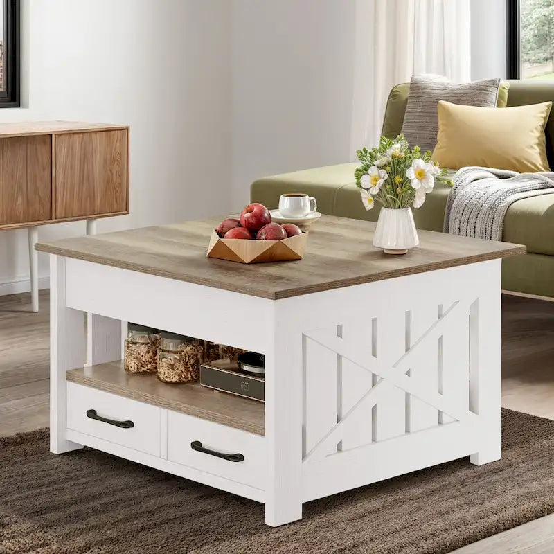 Table basse carrée à plateau relevable Moasis Farmhouse avec étagère de rangement et 2 tiroirs