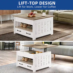 Table basse carrée à plateau relevable Moasis Farmhouse avec étagère de rangement et 2 tiroirs