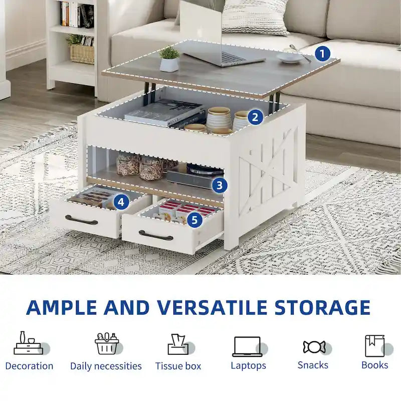Table basse carrée à plateau relevable Moasis Farmhouse avec étagère de rangement et 2 tiroirs