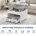 Table basse carrée à plateau relevable Moasis Farmhouse avec étagère de rangement et 2 tiroirs
